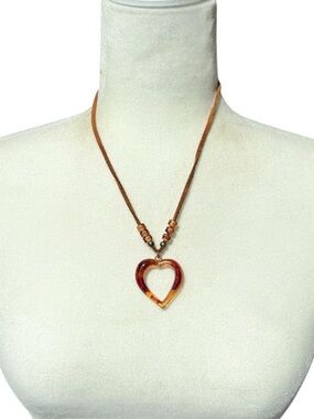 Y2K Suede Cord Heart Pendant Necklace Amber Brown Beaded Boho 90s 2000s NWT